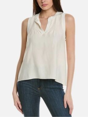 Cinq a Sept 100% silk Lannah sleeveless Pleated Notch-Neck Women's Top large